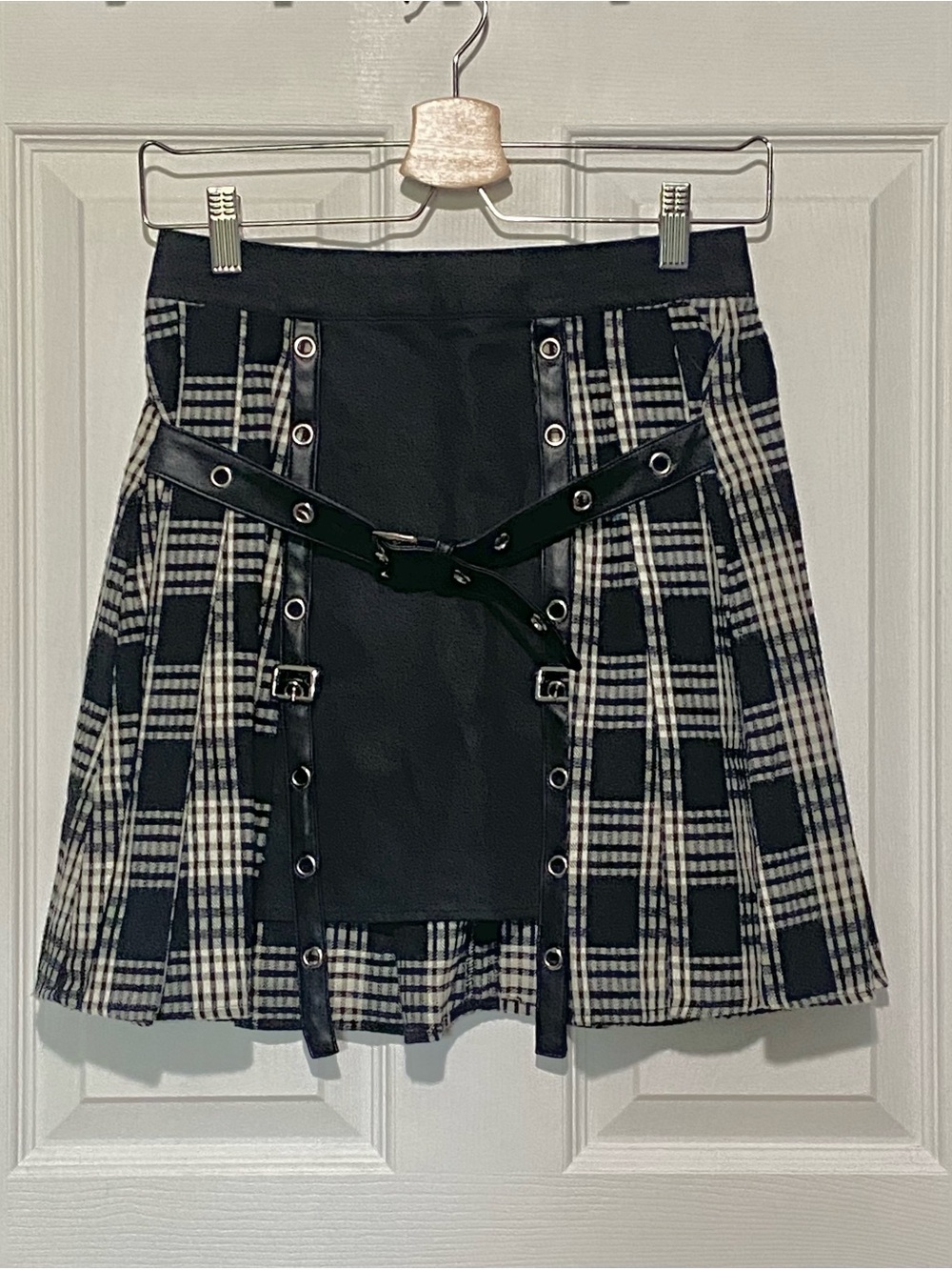Disturbia Black and White Plaid Skater Skirt with Faux-Leather Panel